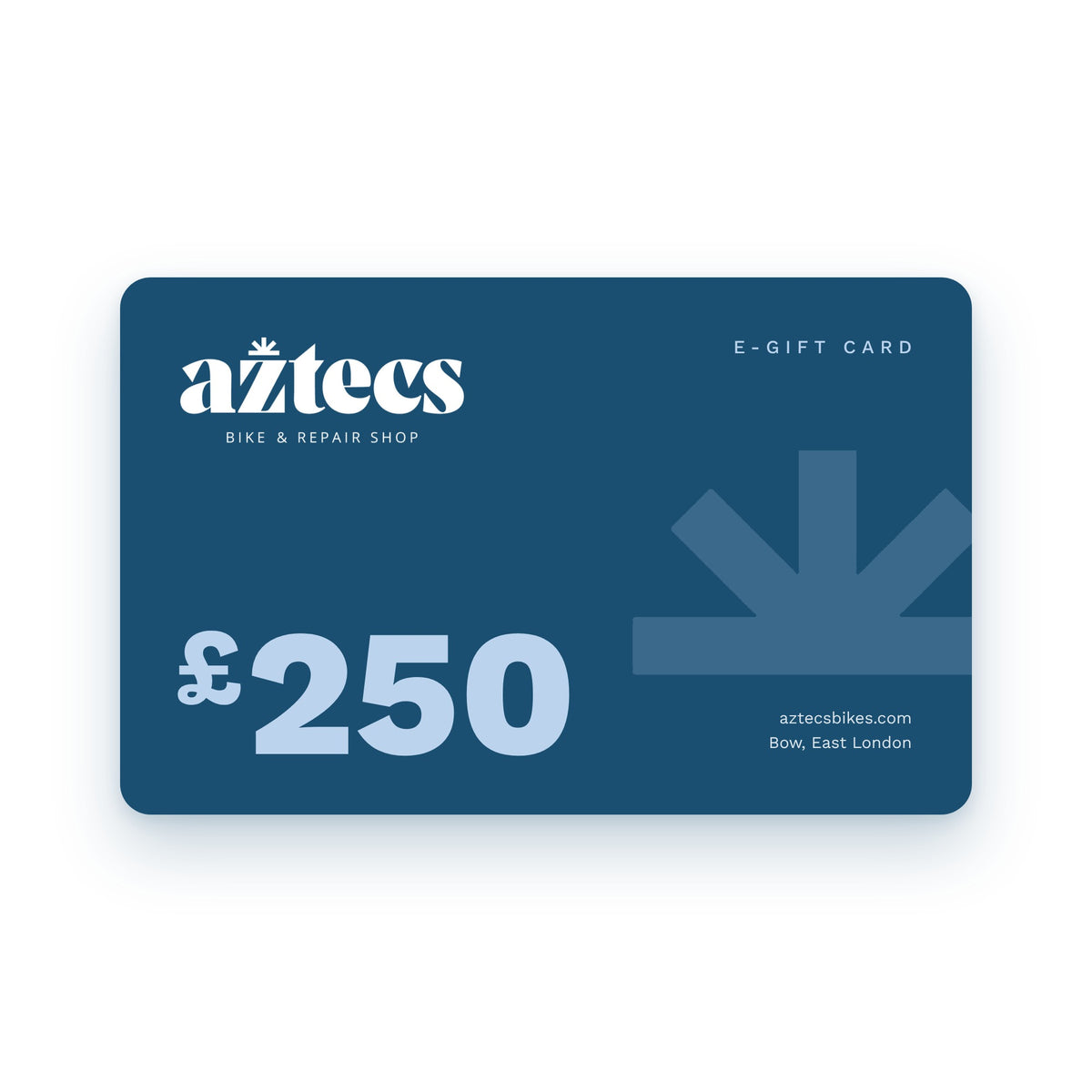 Aztecs Bikes £250 e-gift card, navy card with the Aztecs logo