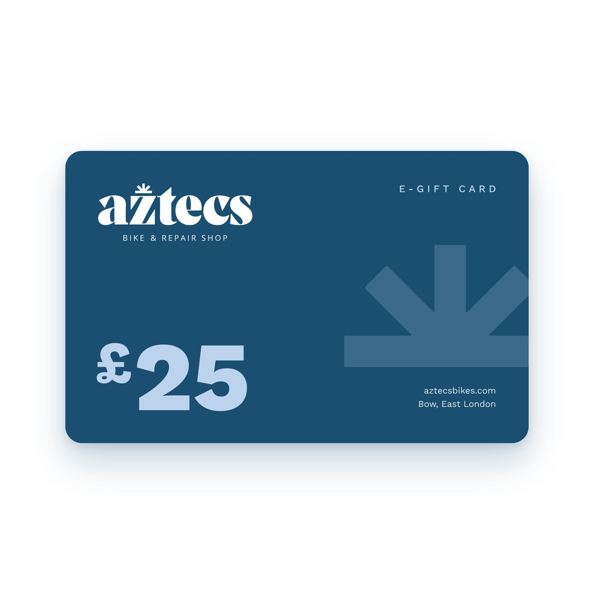Aztecs Bikes £25 e-gift card, navy card with the Aztecs logo