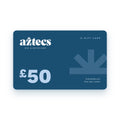 Aztecs Bikes £50 e-gift card, navy card with the Aztecs logo