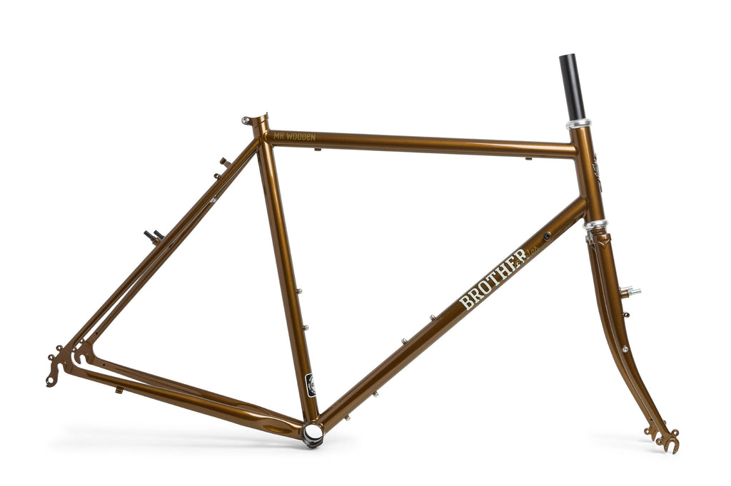Brother Cycles Mr Wooden steel randonneur frameset in metallic brown, side view