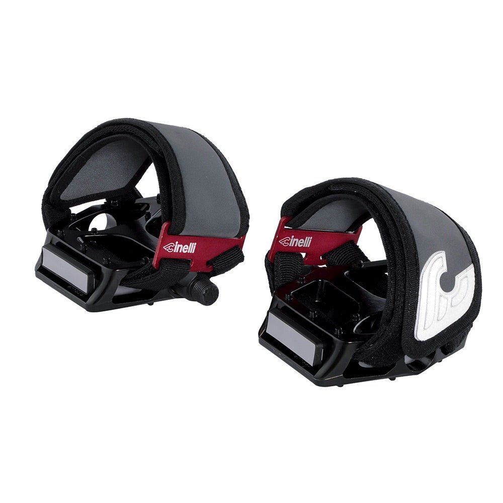 Cinelli Kink Toe Straps in grey fitted to black platform pedals