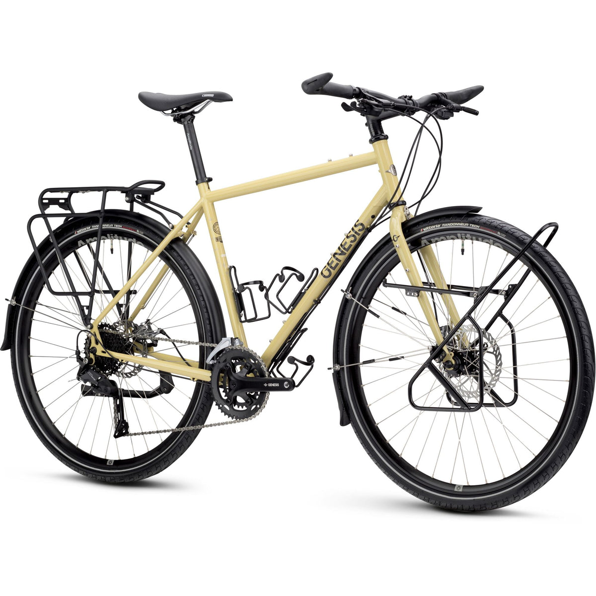 Genesis Tour de Fer 10 in Tan Halen, three-quarter view with front and rear racks and full mudguards