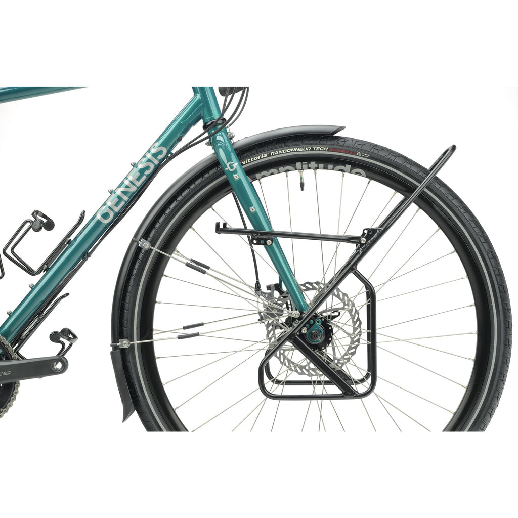 Front wheel, disc brake, mudguard and AtranVelo Explorer lowrider rack on the Genesis Tour de Fer 20