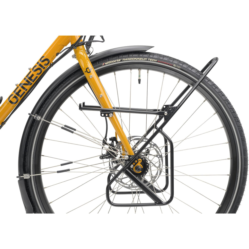 Front wheel with TRP Spyre disc brake, mudguard and lowrider rack on the Genesis Tour de Fer 40