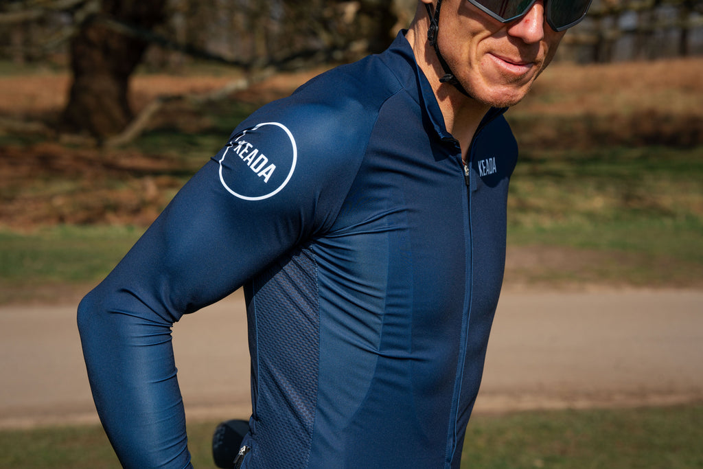 Keada Men's Essential Long Sleeved Cycling Jersey - Navy, alternative view 2, available at Aztecs Bikes in East London