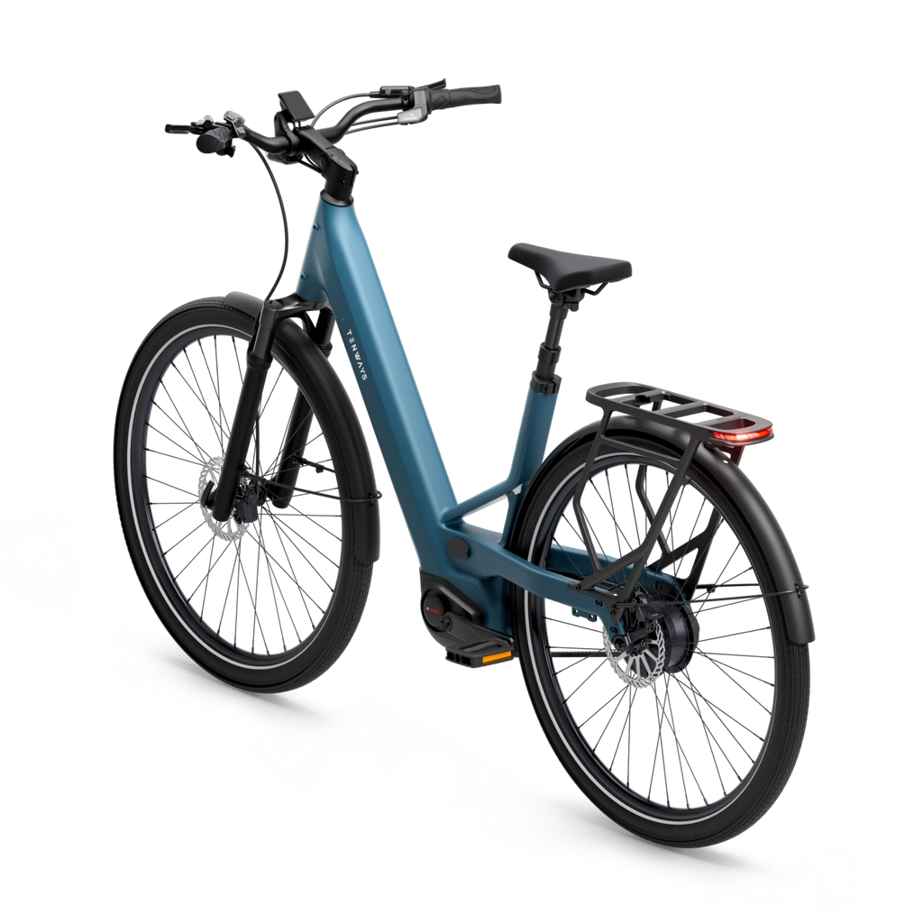 Tenways AGO Performance e-bike in Mineral Blue, rear three-quarter view