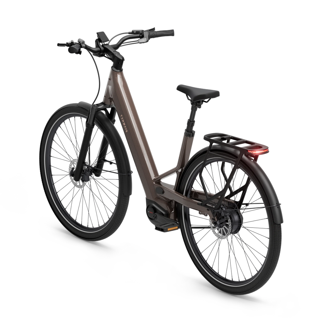 Tenways AGO Performance e-bike in Walnut Brown, rear three-quarter view