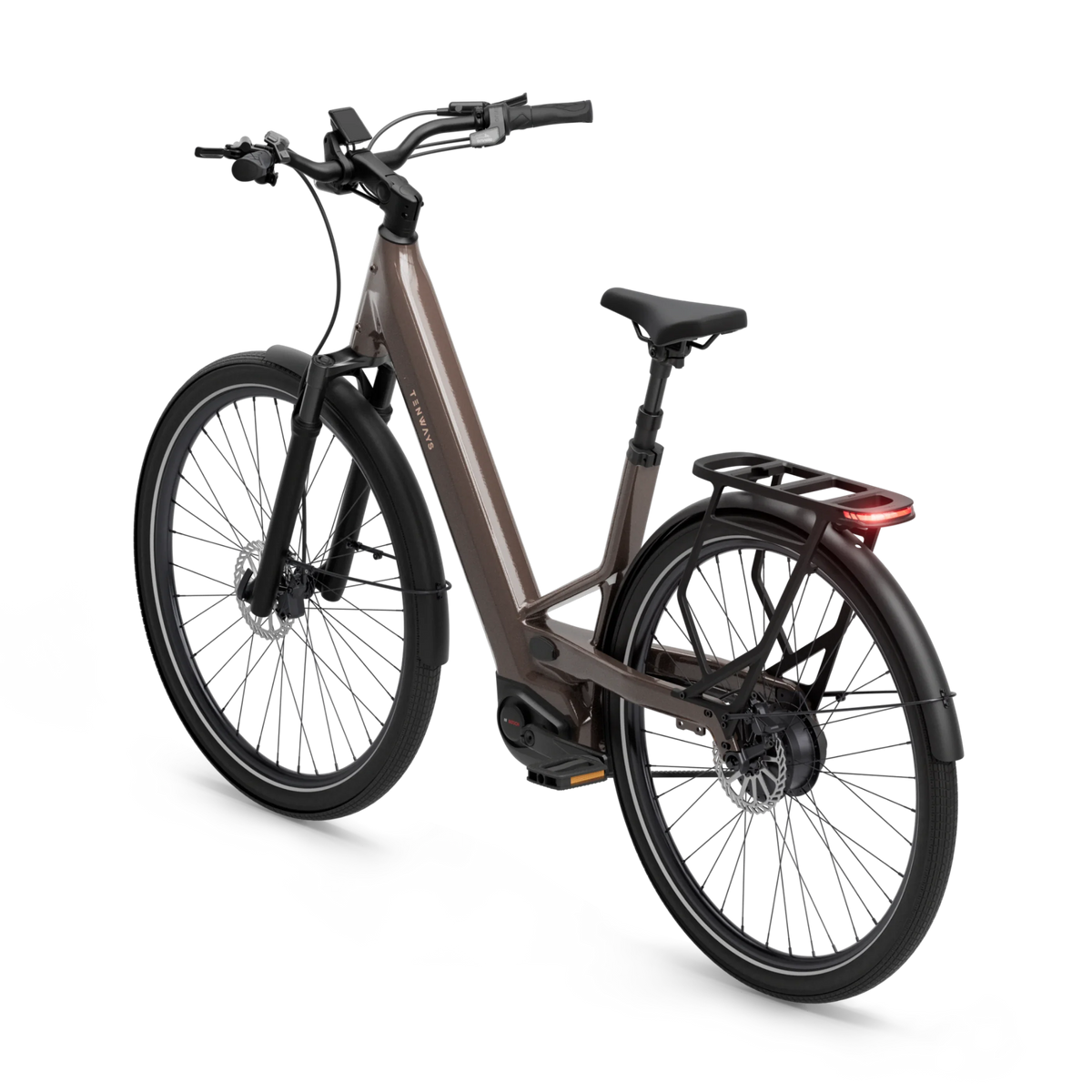 Tenways AGO Performance e-bike in Walnut Brown, rear three-quarter view