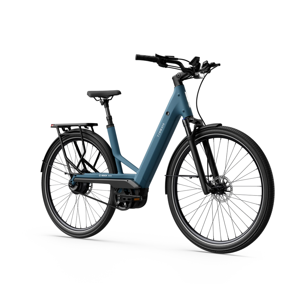 Tenways AGO Performance e-bike in Mineral Blue, front three-quarter view