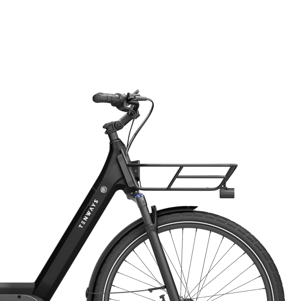 Tenways AGO T front rack fitted to the step-through e-bike