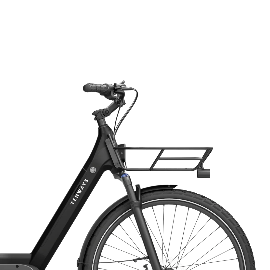Tenways AGO T front rack fitted to the step-through e-bike